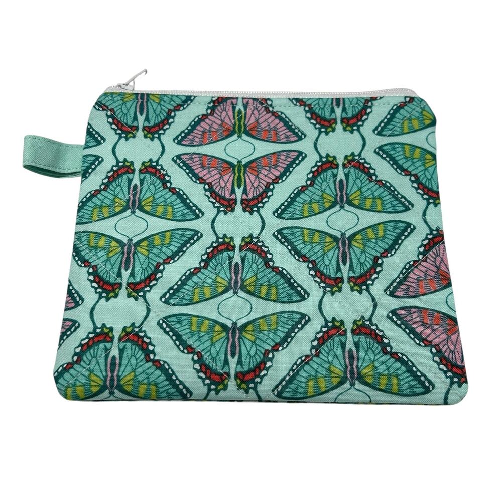 NEW Handmade Wrist Top Zip Pouch Wallet Aqua Pink and Aqua Butterflies 5 1/2"x6"